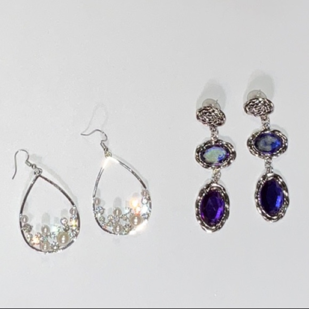 Unsigned Fashion Pierced Earrings Silver Tone Metal Purple & Faux Pearl Sparkle